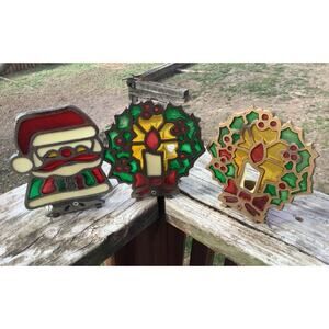 3 Vintage Stained Glass Candle Holders Santa Wreath Cast Iron As Is